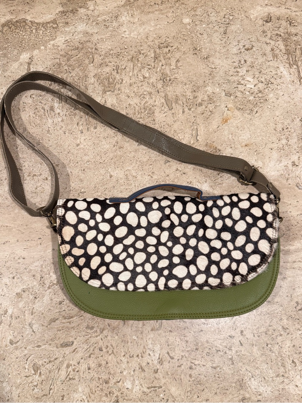 Women’s Olive Multi Color Crossbody Bag with Black & White Calf Hair Flap